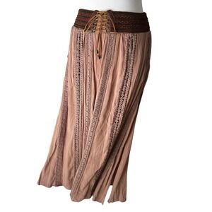 Boho Crochet Lace Maxi Skirt Mauve Gauze Corset Waist Festival Peasant Skirt